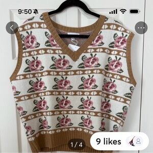 Floral V-Neck Sweater Vest - Cream and Pink